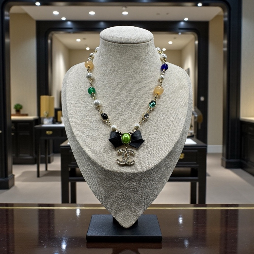 Bundle of CHANEL Gold Necklace with Green Accent and Chanel necklace CC name - Picture 3 of 4